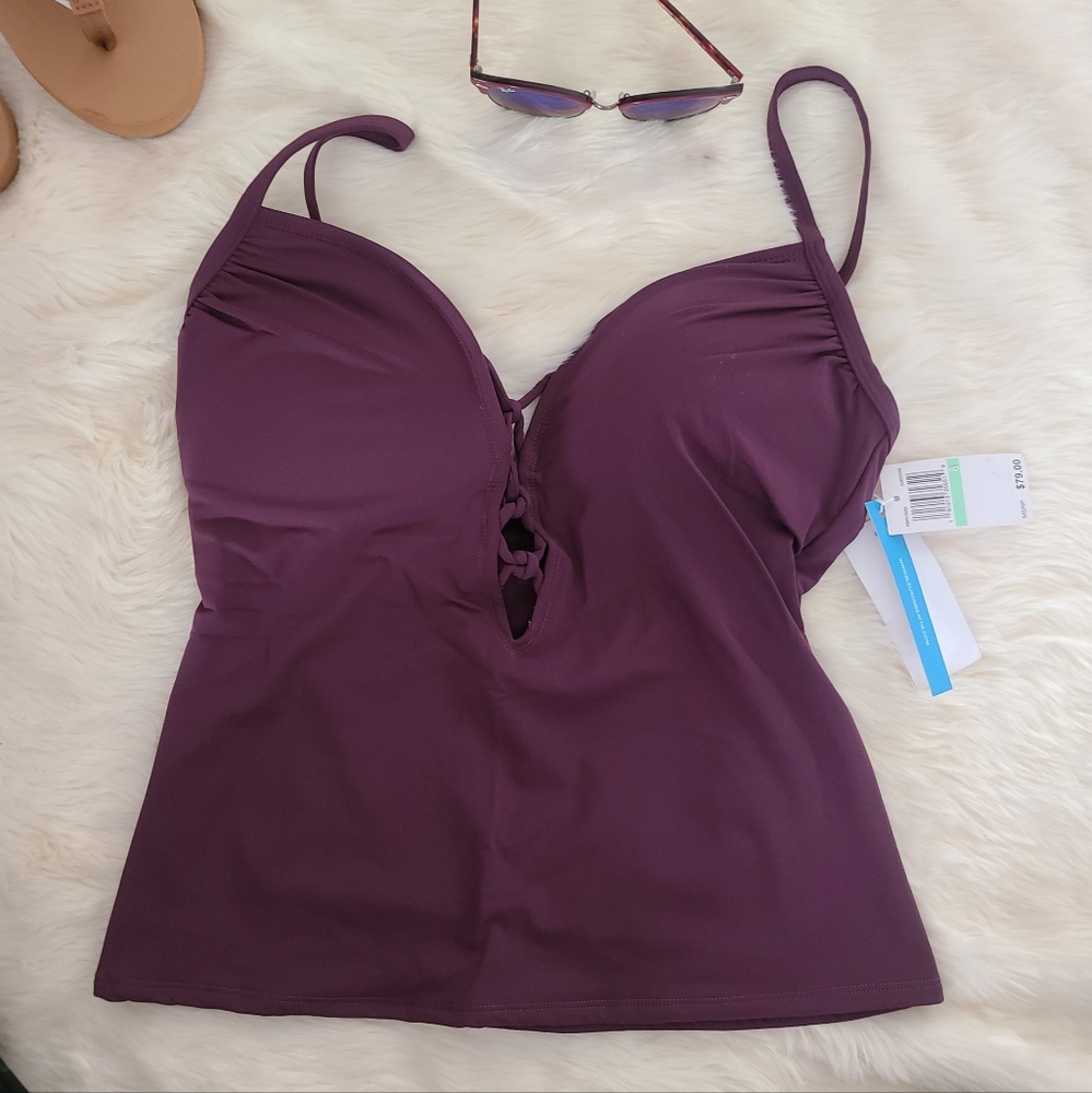 Bleu by Rod Beattie Plunge Push-Up Tankini Top, burgundy, size 8 - Picture 2 of 5